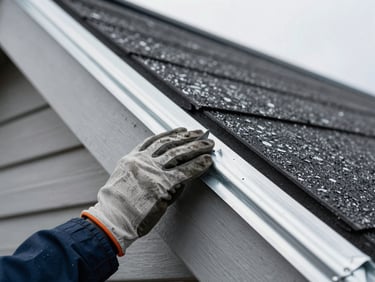Close-up of a roofer's gloved hands pressing a new zinc flashing strip against a dormer joint under overcast daylight, wet surface visible, sharp material texture