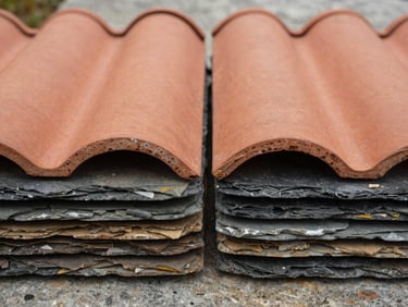 Close-up of stacked natural slate tiles and terracotta roof tiles side by side on a stone surface, overcast diffused daylight revealing material grain and colour variation, no people