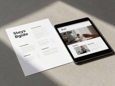 Straight-on clean mockup of a printed brand style guide and a tablet showing a responsive web layout, arranged neatly on a warm gray surface, soft natural morning light.