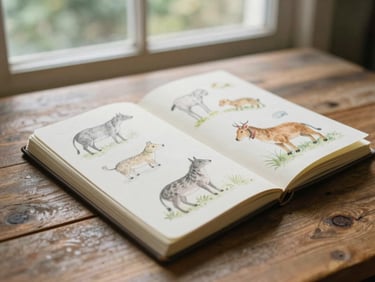 An open sketchbook lying on a rustic wooden table, showing soft pencil and watercolor illustrations of animals, soft natural window light