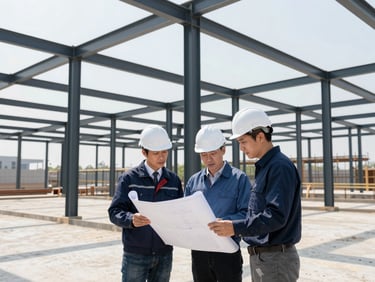 An organized construction site with technical engineers wearing white safety helmets reviewing blueprint plans, bright daylight, structural steel background