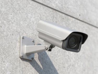 A rugged outdoor bullet security camera mounted on a textured concrete wall, bright daylight, sharp focus on the metal casing.