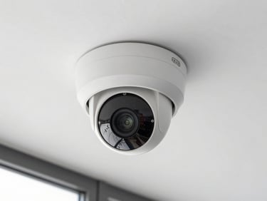 A high-definition indoor dome security camera mounted on a clean white commercial ceiling, crisp lighting, sharp focus.
