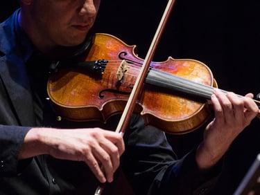 Close-up of hands playing a violin, dramatic stage lighting, deep rich tones, 35mm