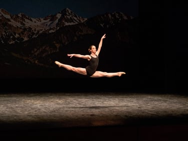 A dancer in mid-leap on a dimly lit stage, powerful stage lighting creating sharp shadows, deep rich tones, 35mm.