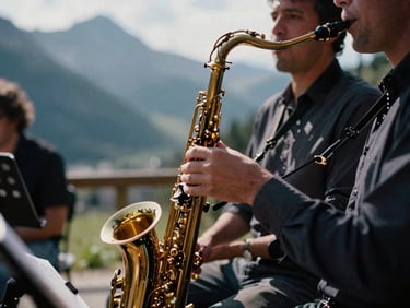 A close-up of a musician's hands on a saxophone during a rehearsal, natural alpine daylight streaming in, deep rich tones, 35mm.