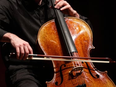 Close-up of a musician's hands on a cello during a performance, dramatic stage lighting, deep rich tones, 35mm film style.