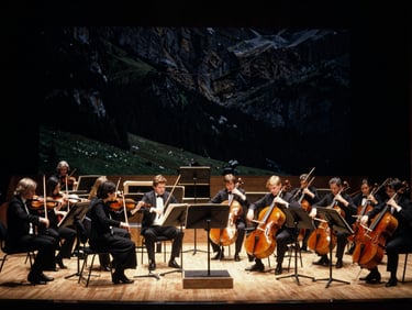 A wide shot of a symphony orchestra performing on stage, dramatic stage lighting, deep rich tones, 35mm.