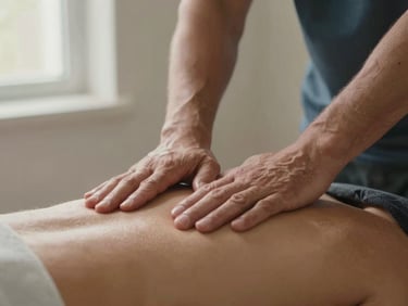 Detail shot of a physiotherapist's hands performing precise manual assessment on a patient's lower back, clinical but warm, soft window light from the left, neutral background