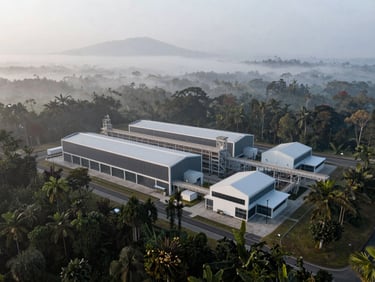 Symmetrical architectural shot of a modern sustainable processing plant in Borneo, misty morning light, cool desaturated tones