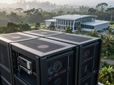 Close-up of advanced technological components and clean server racks, cool natural light, high contrast