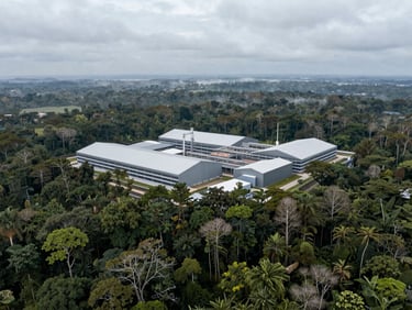 High-altitude wide-angle view of Borneo rainforest canopy meeting clean industrial facility, overcast daylight