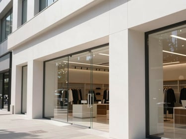Modern commercial store interior with clean lines, bright architectural lighting, detailed close-up of premium finishes, 35mm
