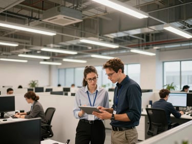 Professional consultants analyzing route data on a tablet in a modern office, clean industrial lighting, sharp focus, industrial commercial photography, high-contrast warm tones.