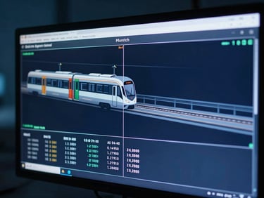 Close-up of a high-resolution monitor in a Munich lab displaying real-time transit simulation telemetry, cool low-key studio lighting