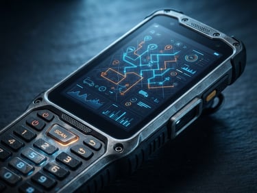 Macro close-up of a rugged Android handheld terminal displaying a logistics routing interface, cool blue studio lighting, sharp technical details, slate background.