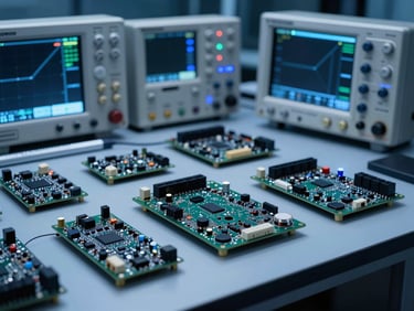 Sleek tech laboratory setting in Brussels with Android hardware boards and oscilloscope screens, cool ambient blue lighting, macro depth of field