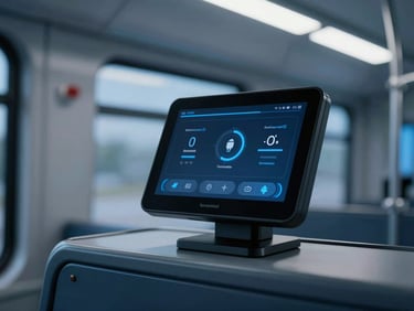A high-resolution view of a vehicle-mounted Android terminal inside a modern European tram cabin, cool ambient cabin light, clean interface visible.