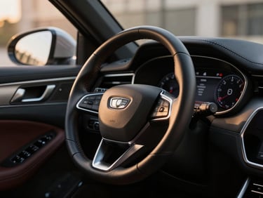 Pristine leather steering wheel and clean modern digital dashboard of a luxury sedan, soft golden-hour urban light.