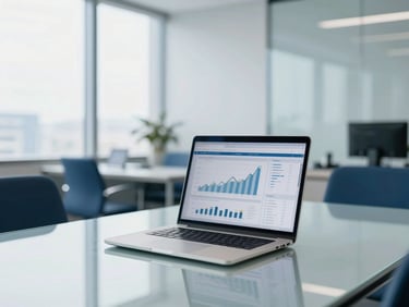 Modern corporate photography, soft natural office light, deep blue and clean white tones, professional, 35mm. A clean glass meeting room with a laptop showing financial charts, a soft-focused corporate environment in the background.