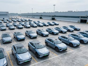 Wide-angle environmental shot of electric passenger vehicles parked in neat rows at a bright, clean industrial port terminal, cool blue tones, overcast daylight.