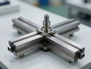 Close-up of high-precision metal jig on a clean industrial background, bright natural factory light, sharp focus, 35mm lens