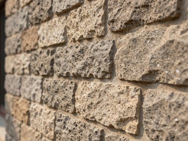 Close detail crop of a hand-laid stone wall section on a completed Haryana residence, late-morning raking light revealing the seam lines and surface texture of locally sourced sandstone, shallow depth of field with the mortar joint in sharp focus