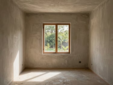 Interior room of a completed custom home in Haryana — bare plaster walls with visible brush texture, a single window framing exterior vegetation, afternoon light casting a diagonal shadow across the floor, no furniture, no people