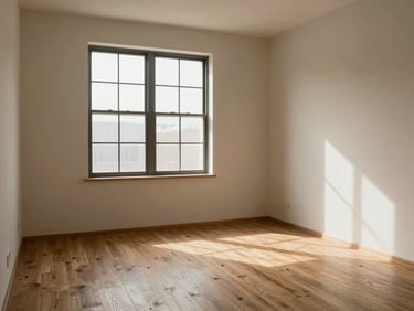 Eye-level interior view of a freshly completed room, afternoon light through a deep-set window revealing wall texture and floor finish, empty space showing spatial proportion