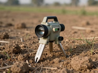 Close-up of a surveyor's tool resting on dry Haryana soil, morning directional light, shallow depth of field showing site topography and grass in the background