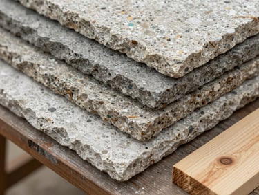 Tight detail crop of stacked stone samples and timber sections on a site table, natural diffused daylight, texture of grain and mineral surface clearly visible