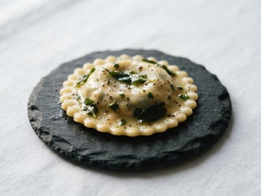 Immaculate close-up of a single perfect raviolo on a dark slate plate, micro focus on a glossy glaze of clarified butter and sage, dramatic side-lighting, crisp white linen background, 35mm