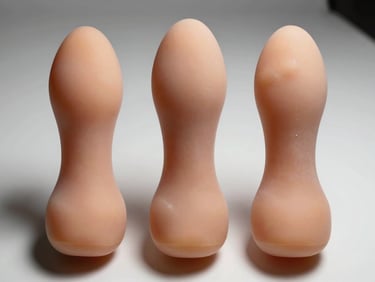 Overhead close-up of three realistic latex dildos arranged in a row on a white studio surface, strong side directional lighting highlighting surface texture and dimensional scale, clean neutral background, no people, no lifestyle context