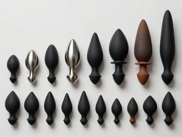 Overhead flat-lay on white surface: a row of anal plugs and ben wa balls in different sizes — black silicone, polished stainless steel, and matte ABS — aligned by ascending size left to right, studio overhead lighting revealing material texture and surface finish, no people, no lifestyle context