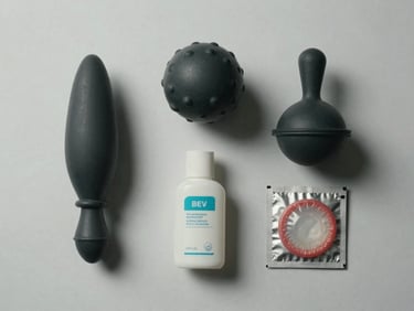 Overhead studio flat-lay of four accessory items — a small anal plug, a ben-wa ball set, a lubricant bottle, and a condom packet — arranged with even spacing on a clean white-grey surface, strong directional overhead lighting, no people, no lifestyle context.