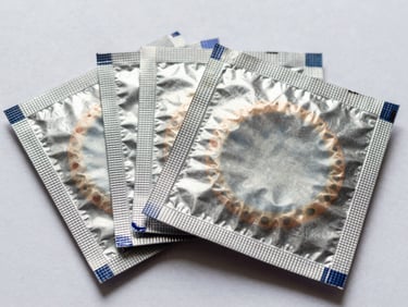 Close-up macro overhead shot on white surface: several foil condom packets fanned out flat, showing packaging textures and printed labeling details, strong directional overhead studio light casting subtle shadows that reveal packet edges, no people, no lifestyle context