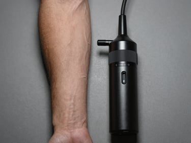 Straight-on studio shot of a male masturbator sleeve and a compact pump device placed side by side on a neutral grey surface, directional overhead lighting showing material texture and port detail, clinical neutral background, no people.