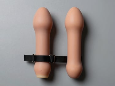 Overhead studio shot of two realistic latex dildos and one strap-on harness laid flat on a clean grey surface, strong overhead directional lighting highlighting material texture and dimension, neutral background, no people.