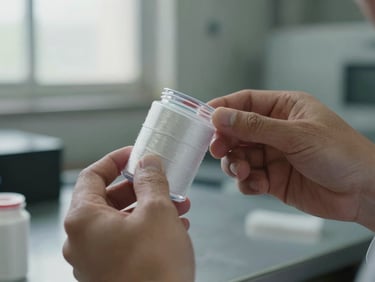 Close-up of hands inspecting a clear PET container thread and mouth finish on a factory workbench, diffused north-facing factory window light, shallow depth of field, molding precision visible, no faces