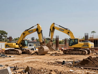 Wide environmental shot of an active civil construction site in Gaborone, featuring heavy machinery and reinforced steel structures under natural light.