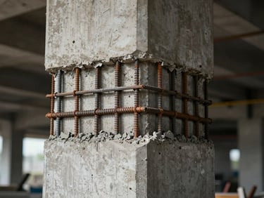 Close-up of structural repair works on a concrete pillar, showing exposed rebar and fresh concrete application.