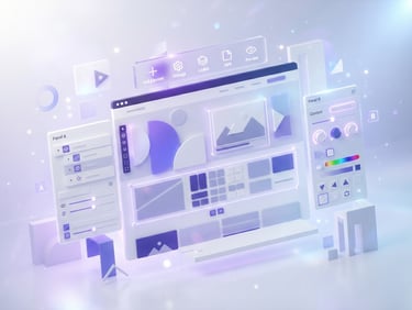 Bright high-key 3D render of a clean website builder UI interface with soft purple glows, floating elements, minimalist tech aesthetic