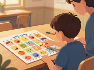 Illustration of a child pointing to a colorful 'feeling map' card depicting various emotions, with a parent gently guiding. Soft, ambient classroom light.