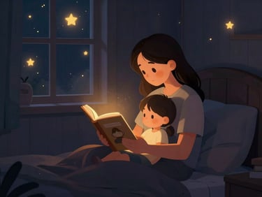 Illustration of a parent reading a storybook to a child in a dimly lit, cozy bedroom, soft glowing stars visible through a window. Warm, intimate lighting.