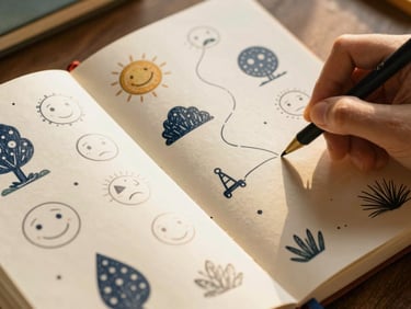 Close-up illustration of an open adventure journal with whimsical drawings of feelings and a child's hand drawing a path. Warm, natural light, rich textures.