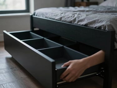 Close-up of a teen pulling out a large, integrated under-bed storage drawer from a matte black bed frame, revealing organized compartments. Soft natural window light.
