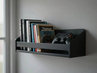 Close-up of a wall-mounted shelf unit in a teen's bedroom, holding books and gaming memorabilia, with a matte black finish. Soft natural light, neat styling.