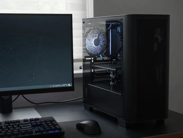 Close-up of a gaming desk setup with dual monitors, a high-performance PC, and organized cables, all on a matte black desk surface. Subtle cool-toned LED backlighting.