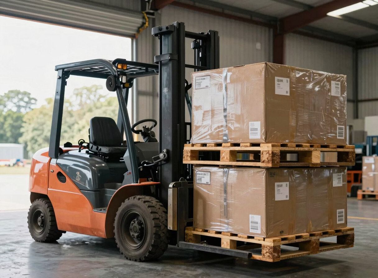Forklift moving wooden pallets with boxed cargo inside a secure transit warehouse, natural light from open doors