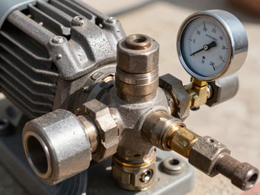 Close-up technical shot of a mechanical pump joint and pressure gauge, bright natural daylight, high-contrast technical details, realistic steel texture.